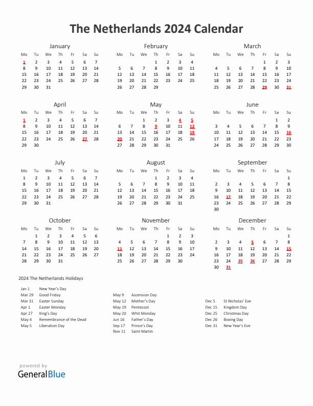 2024 Yearly Calendar Printable With The Netherlands Holidays