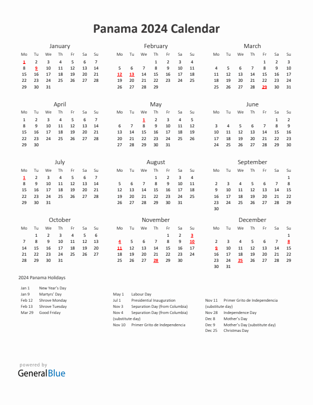 2024 Yearly Calendar Printable With Panama Holidays