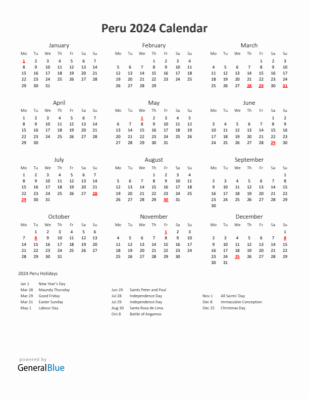 2024 Yearly Calendar Printable With Peru Holidays