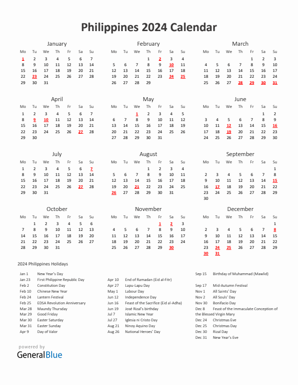 2024 Yearly Calendar Printable With Philippines Holidays