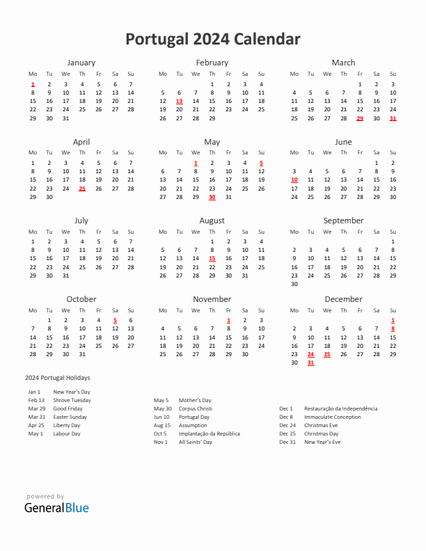 2024 Yearly Calendar Printable With Portugal Holidays