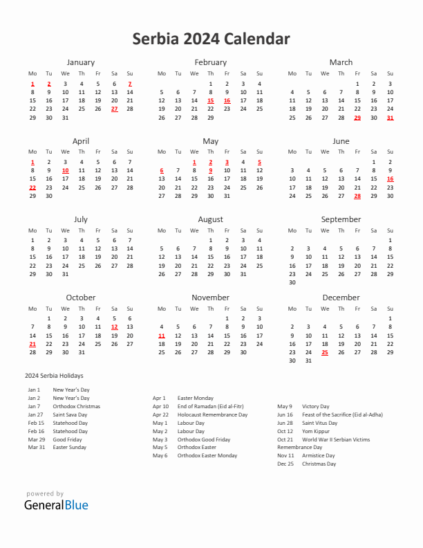 2024 Yearly Calendar Printable With Serbia Holidays