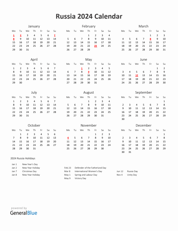 2024 Yearly Calendar Printable With Russia Holidays