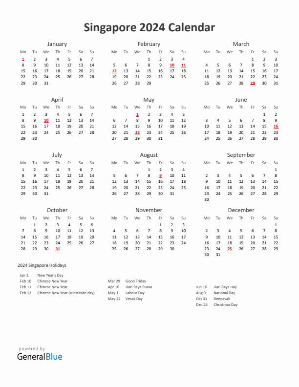 2024 Yearly Calendar Printable With Singapore Holidays