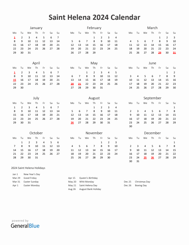 2024 Yearly Calendar Printable With Saint Helena Holidays