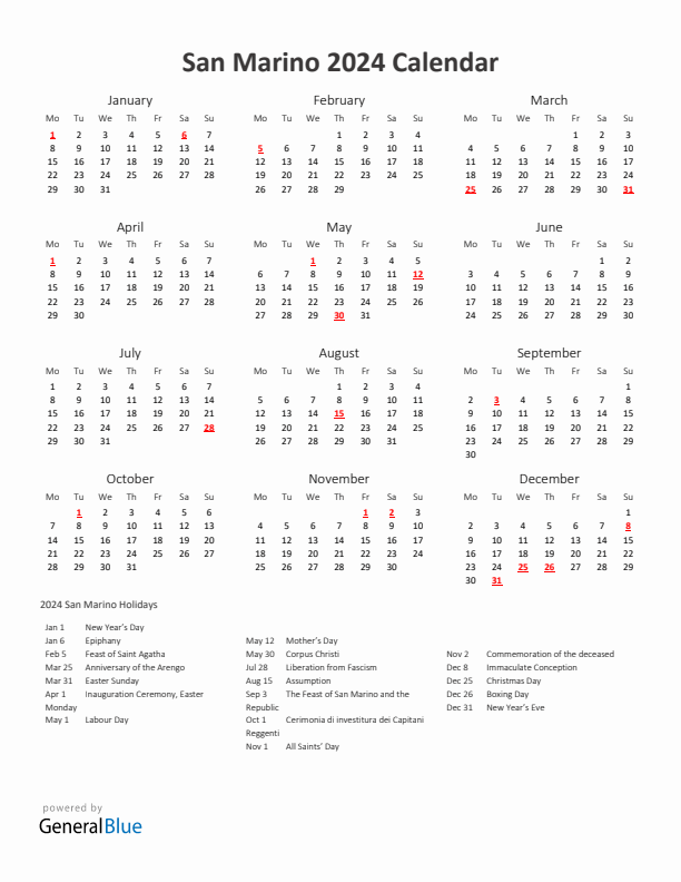 2024 Yearly Calendar Printable With San Marino Holidays