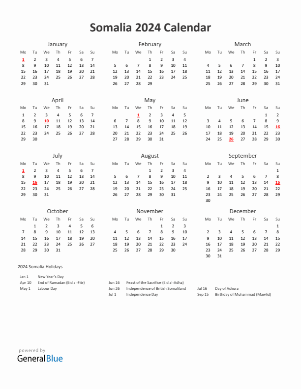 2024 Yearly Calendar Printable With Somalia Holidays