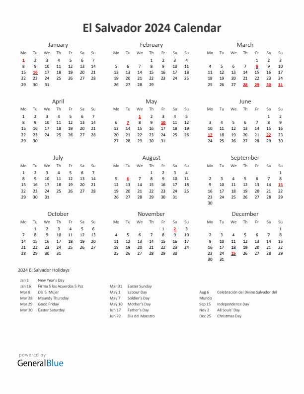 2024 Yearly Calendar Printable With El Salvador Holidays