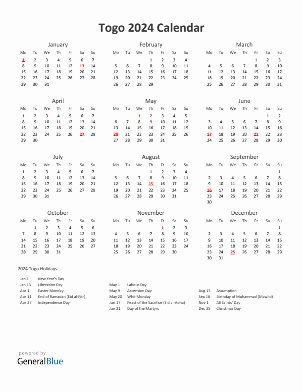 2024 Yearly Calendar Printable With Togo Holidays