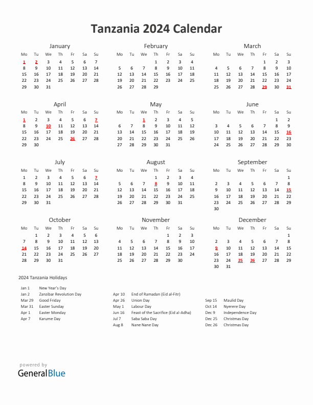 2024 Yearly Calendar Printable With Tanzania Holidays