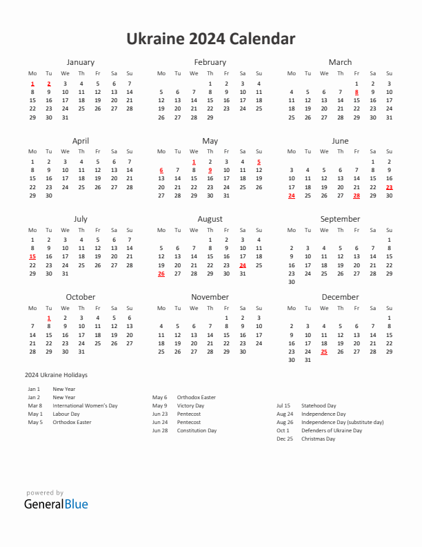 2024 Yearly Calendar Printable With Ukraine Holidays