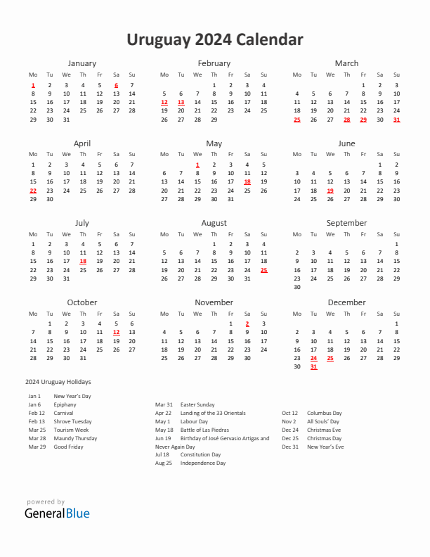 2024 Yearly Calendar Printable With Uruguay Holidays