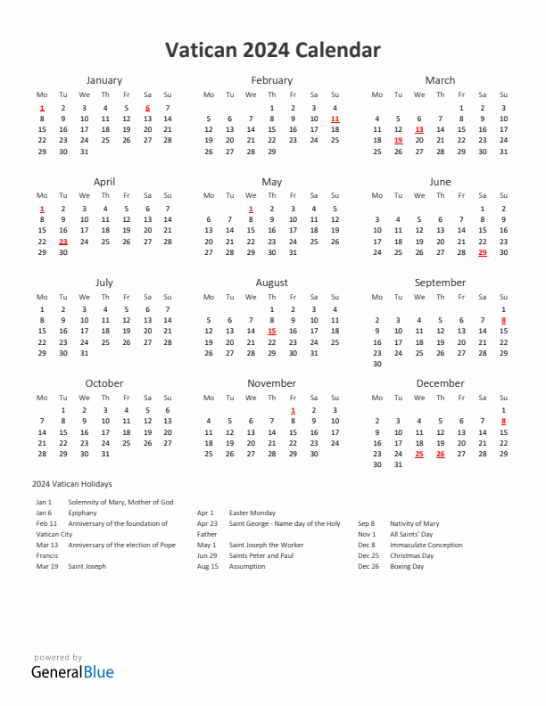 2024 Yearly Calendar Printable With Vatican Holidays