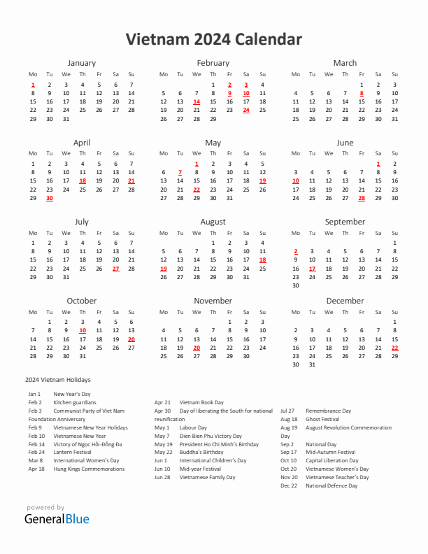 2024 Yearly Calendar Printable With Vietnam Holidays