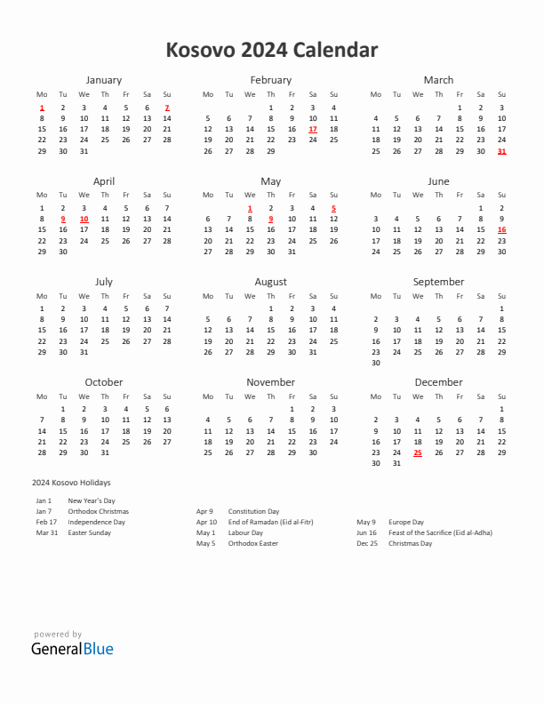 2024 Yearly Calendar Printable With Kosovo Holidays