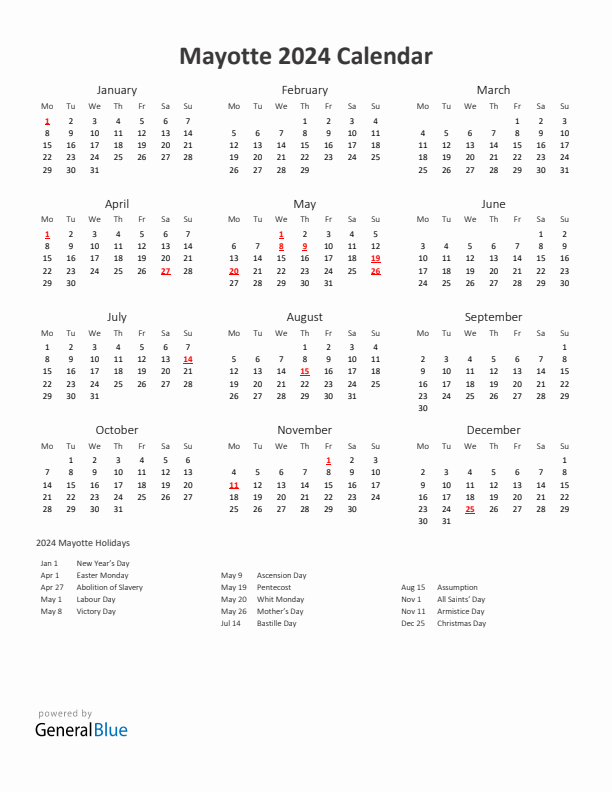 2024 Yearly Calendar Printable With Mayotte Holidays