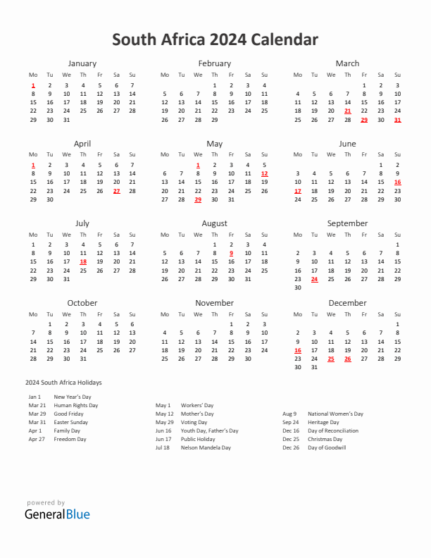 2024 Yearly Calendar Printable With South Africa Holidays