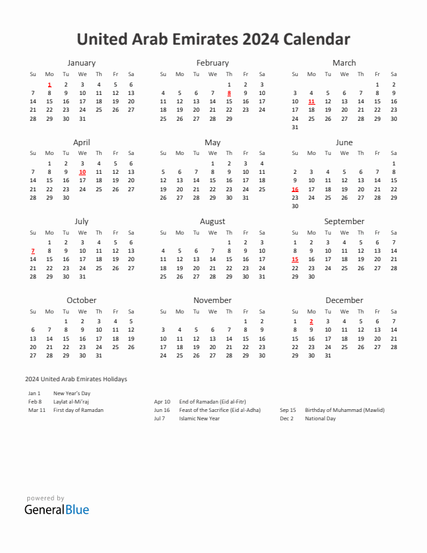 2024 Yearly Calendar Printable With United Arab Emirates Holidays