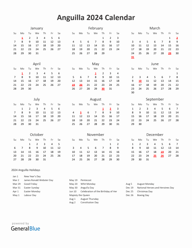 2024 Yearly Calendar Printable With Anguilla Holidays