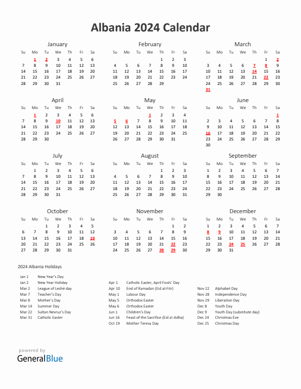 2024 Yearly Calendar Printable With Albania Holidays