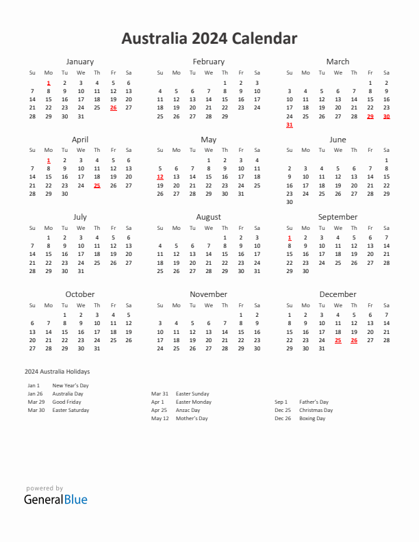 2024 Yearly Calendar Printable With Australia Holidays