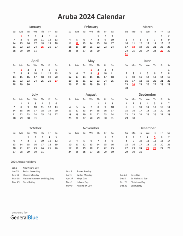 2024 Yearly Calendar Printable With Aruba Holidays