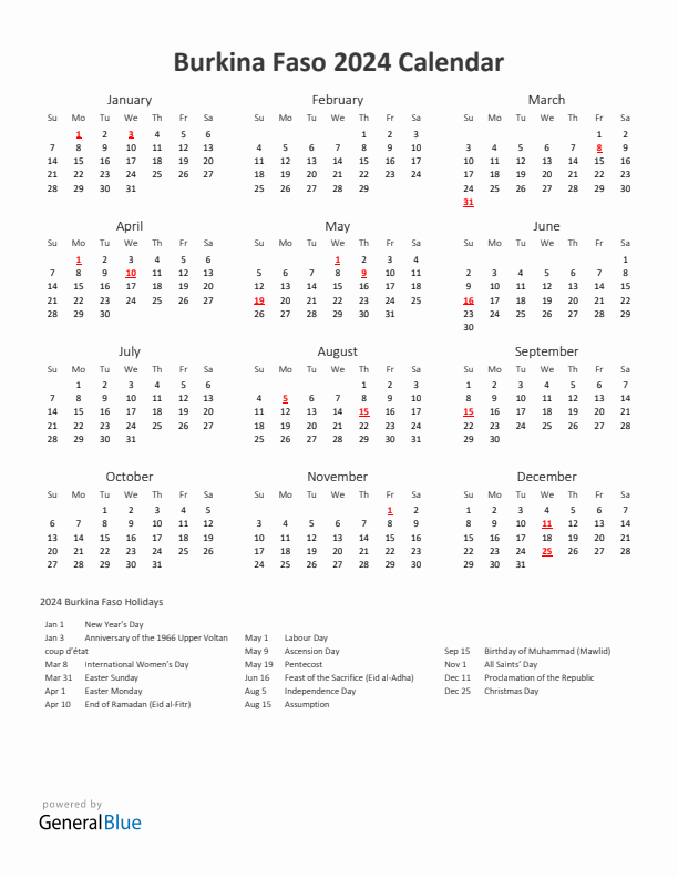 2024 Yearly Calendar Printable With Burkina Faso Holidays