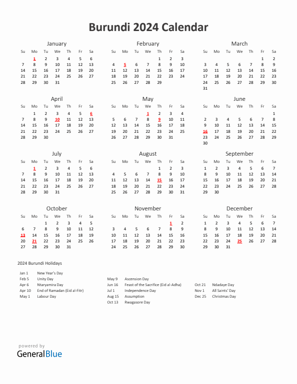 2024 Yearly Calendar Printable With Burundi Holidays