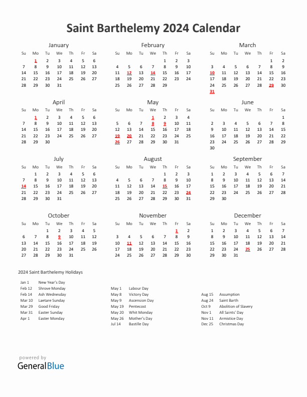 2024 Yearly Calendar Printable With Saint Barthelemy Holidays