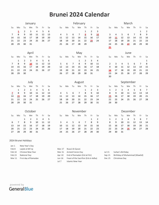 2024 Yearly Calendar Printable With Brunei Holidays