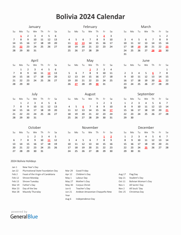 2024 Yearly Calendar Printable With Bolivia Holidays