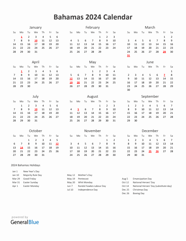 2024 Yearly Calendar Printable With Bahamas Holidays