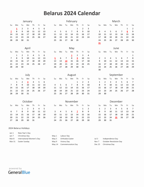 2024 Yearly Calendar Printable With Belarus Holidays