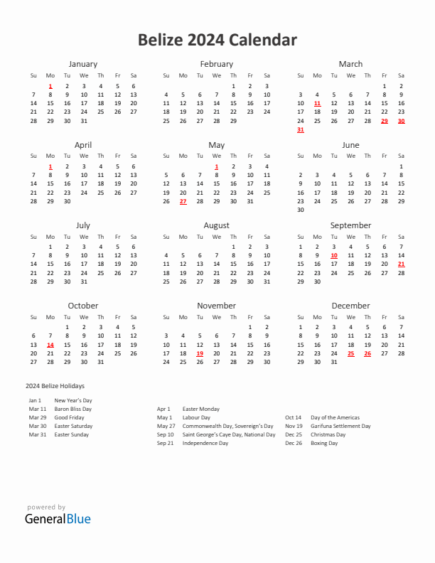 2024 Yearly Calendar Printable With Belize Holidays