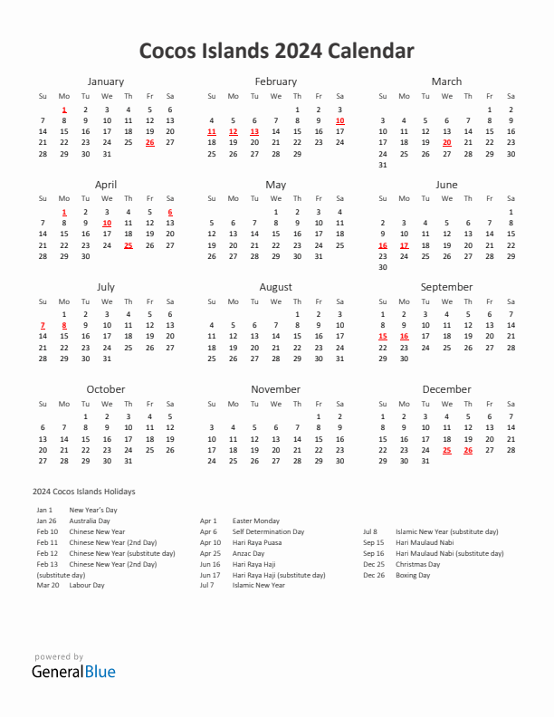 2024 Yearly Calendar Printable With Cocos Islands Holidays