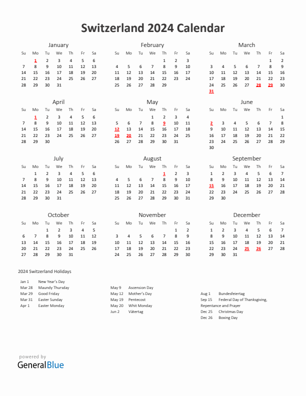 2024 Yearly Calendar Printable With Switzerland Holidays