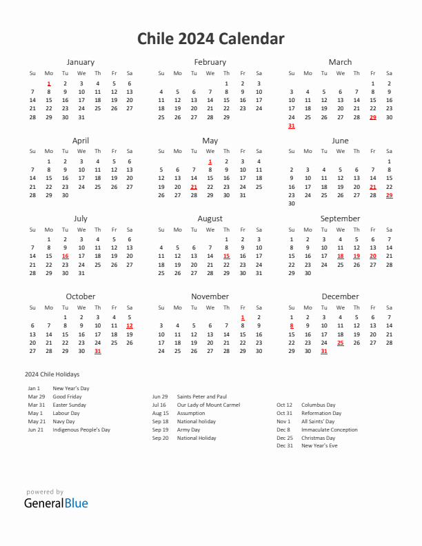 2024 Yearly Calendar Printable With Chile Holidays