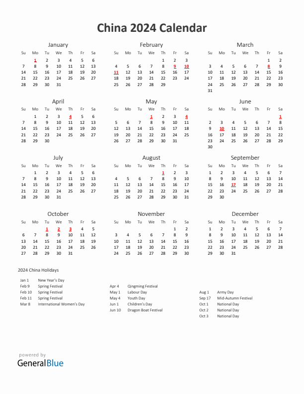 2024 Yearly Calendar Printable With China Holidays