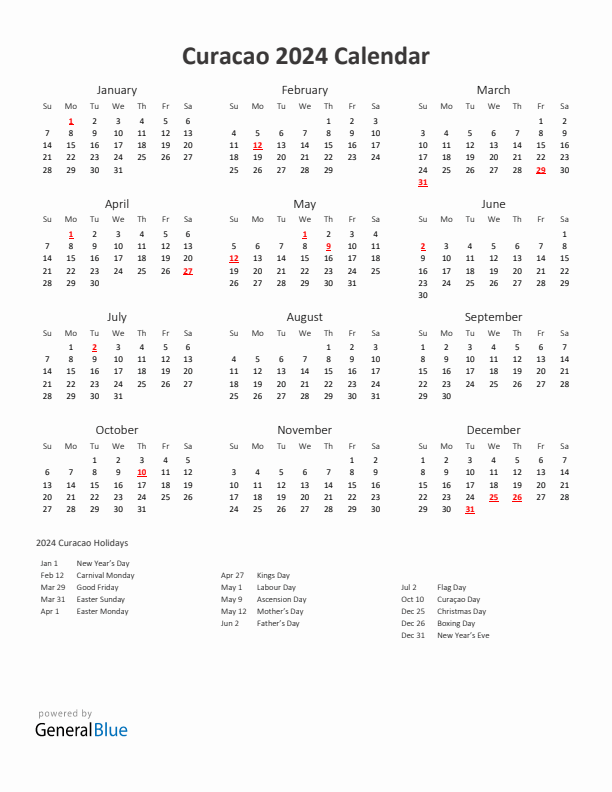 2024 Yearly Calendar Printable With Curacao Holidays