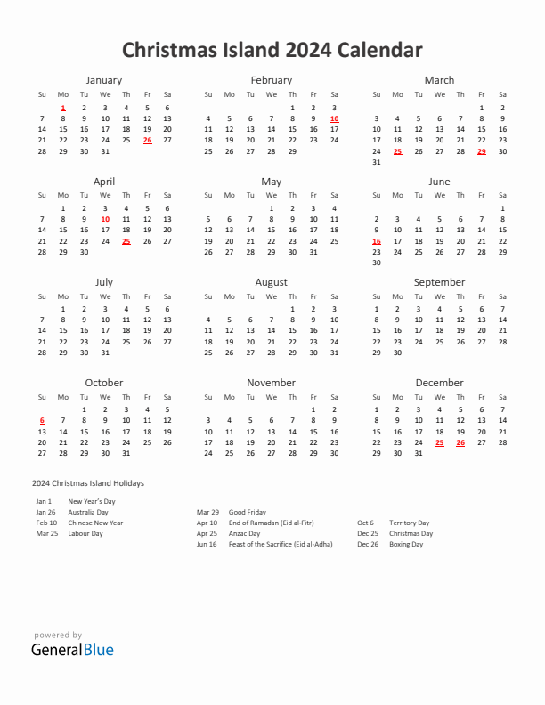 2024 Yearly Calendar Printable With Christmas Island Holidays