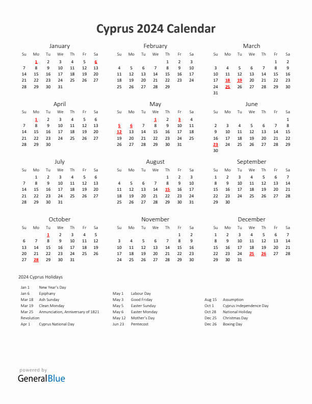 2024 Yearly Calendar Printable With Cyprus Holidays