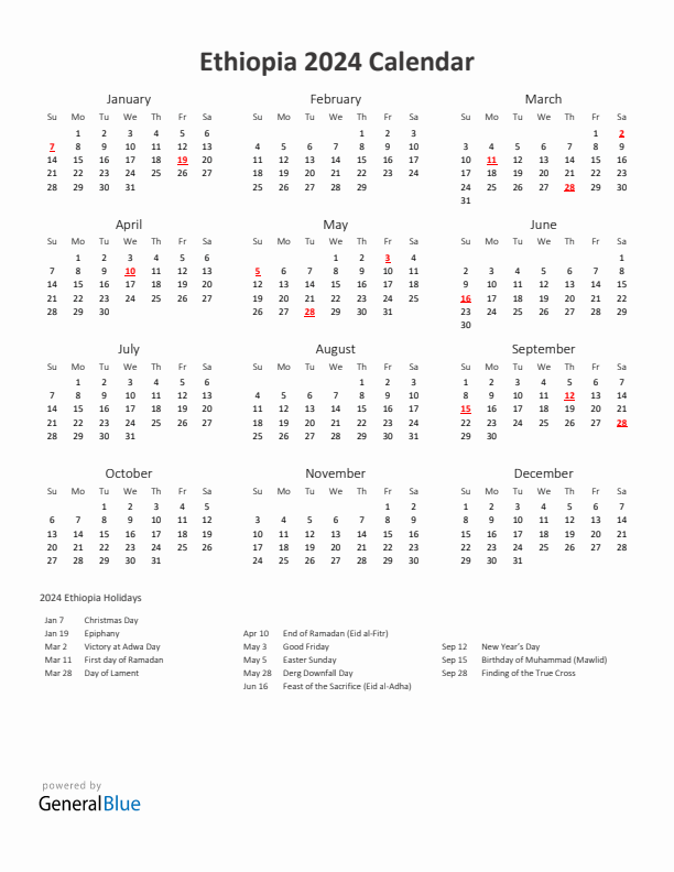 2024 Yearly Calendar Printable With Ethiopia Holidays