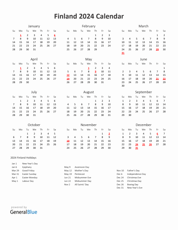 2024 Yearly Calendar Printable With Finland Holidays