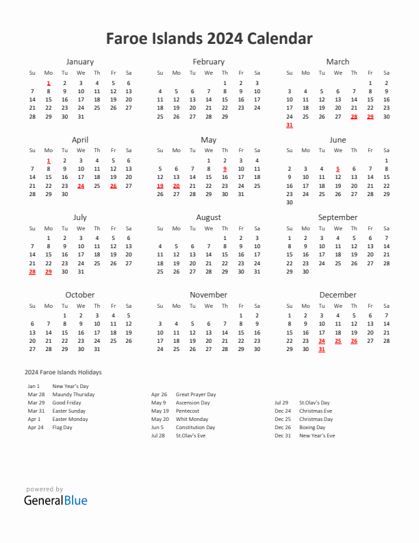 2024 Yearly Calendar Printable With Faroe Islands Holidays