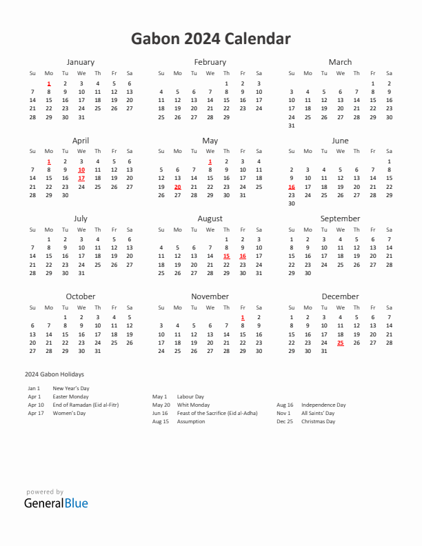 2024 Yearly Calendar Printable With Gabon Holidays