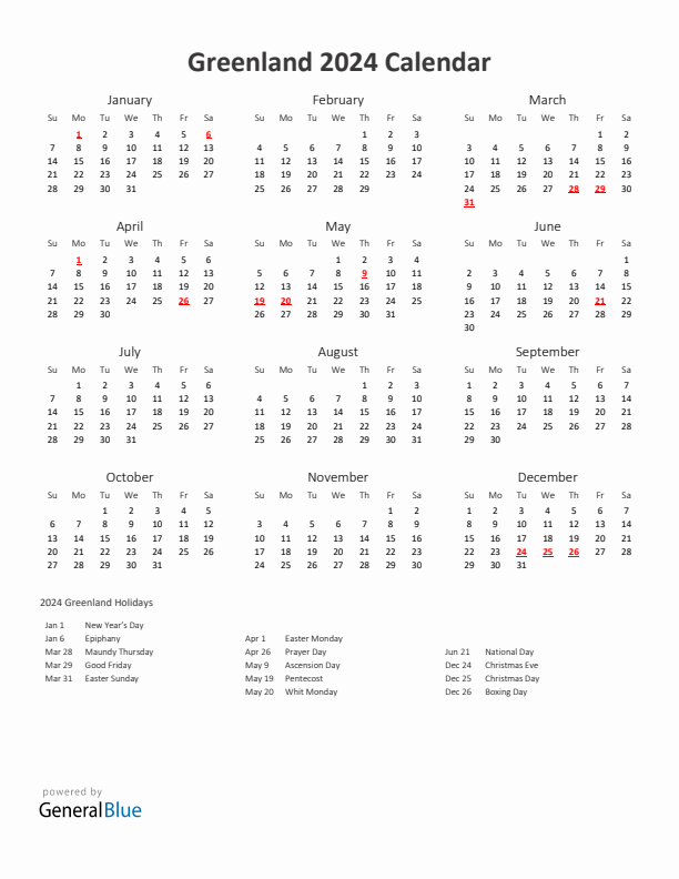 2024 Yearly Calendar Printable With Greenland Holidays