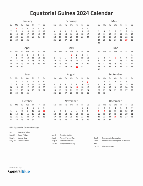 2024 Yearly Calendar Printable With Equatorial Guinea Holidays