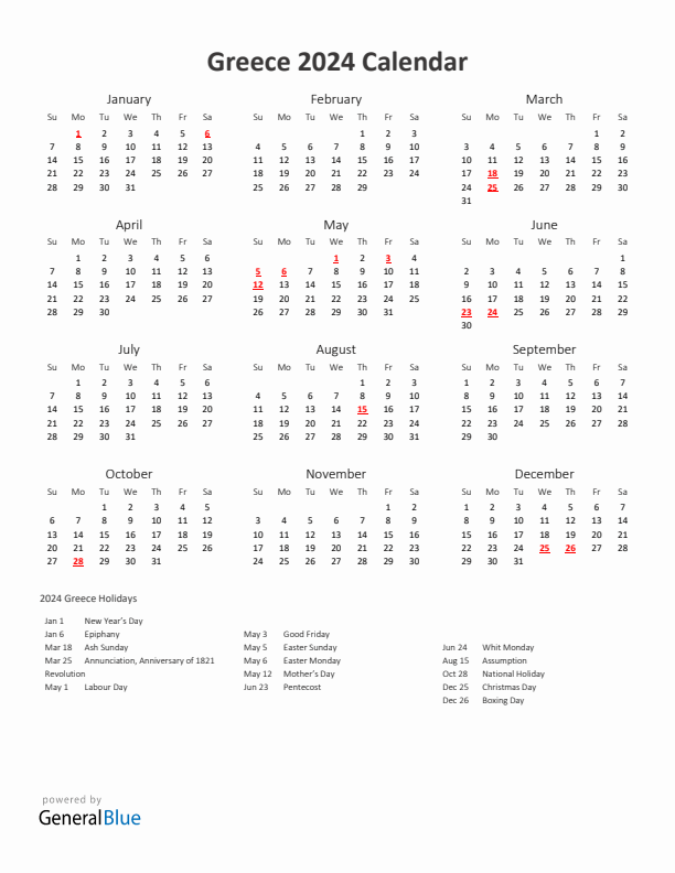 2024 Yearly Calendar Printable With Greece Holidays