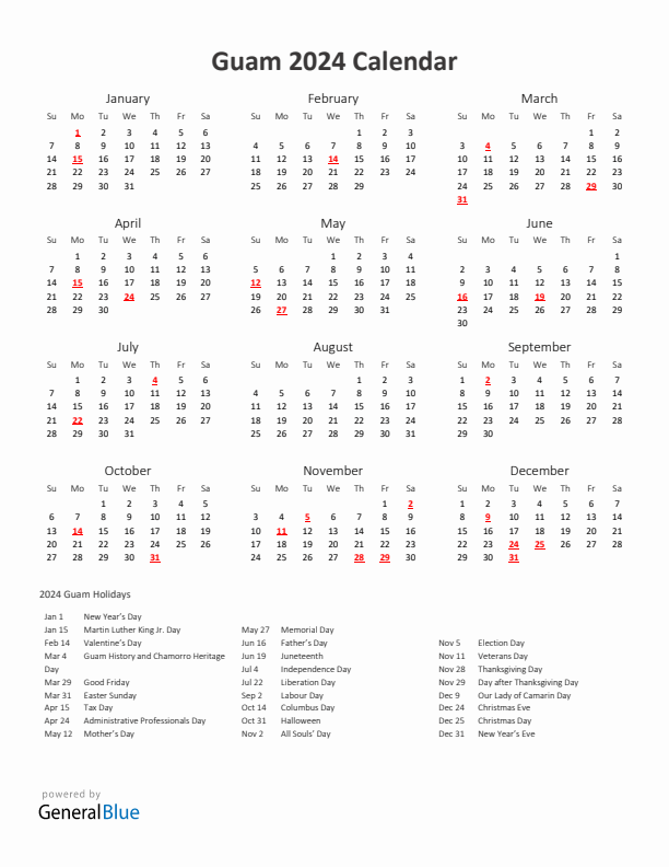 2024 Yearly Calendar Printable With Guam Holidays