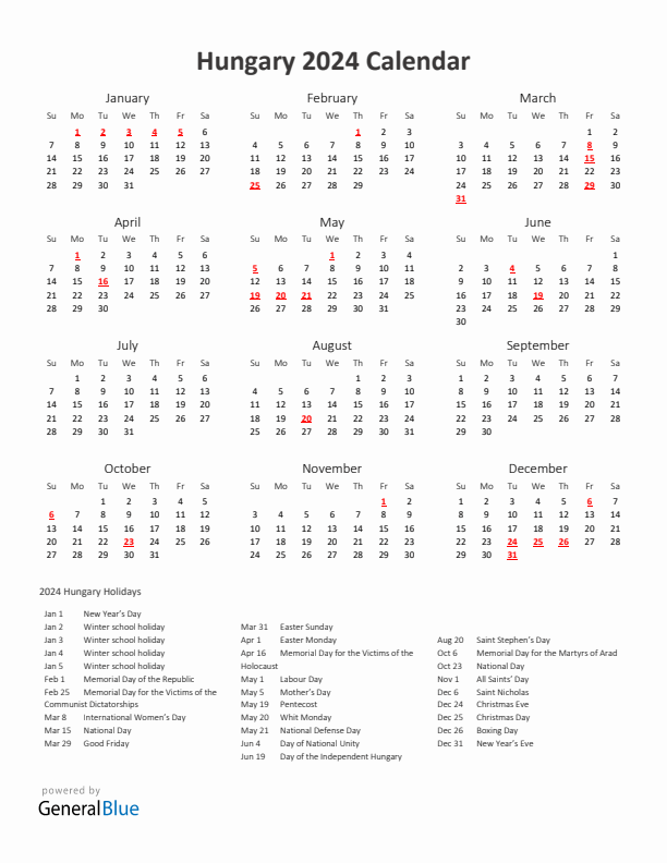 2024 Yearly Calendar Printable With Hungary Holidays